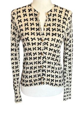J Crew Jackie Bow Print Cardigan Sweater Merino Wool Cream Womens Small